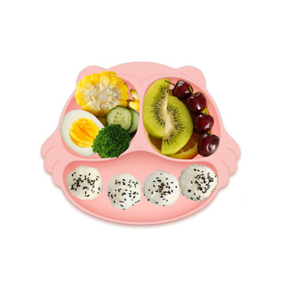 Farfurie divizata diversificare bebelusi din silicon cu ventuza anti-alunecare Owl - Pink