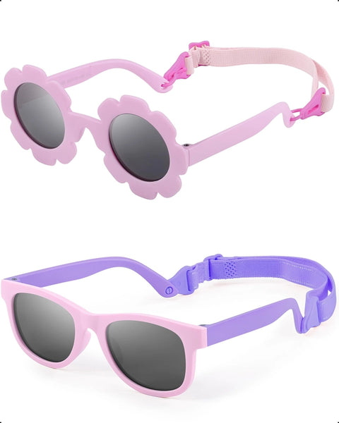 Set ochelari de soare flexibili pentru bebelusi cu cordon de fixare - Pink Flower/Pink Purple