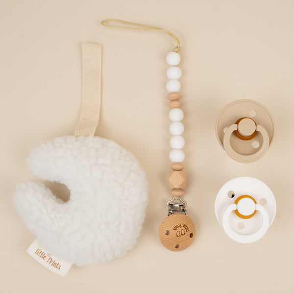 Set Moon 2 suzete BIBS+ lantisor suzeta + accesoriu pufos - Selly White