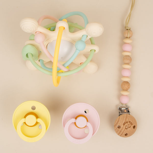 Set Planets 2 suzete BIBS + lantisor suzeta + jucarie interactiva de dentitie - Sunshine