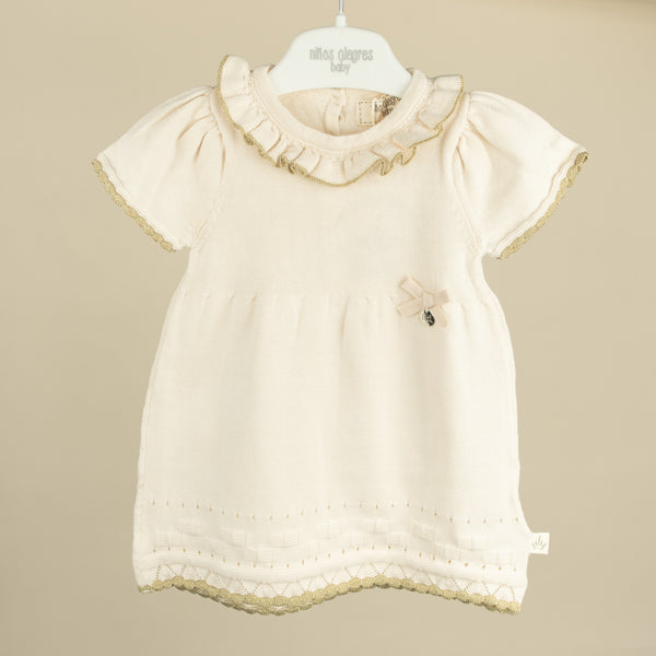 Rochie tricotata cu detalii aurii pentru bebelusi - Cream