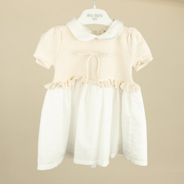 Rochie tricotata cu maneca scurta  din bumbac pentru bebelusi - Cream