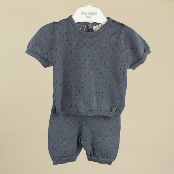 Set 2 piese tricotate din bumbac pentru bebelusi, tricou și șort Pointelle - Antrablue