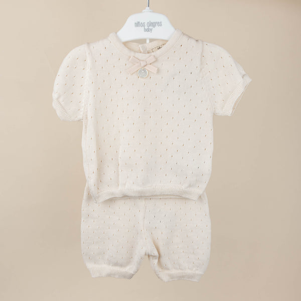 Set 2 piese tricotate din bumbac pentru bebelusi, tricou și șort Pointelle - Cream