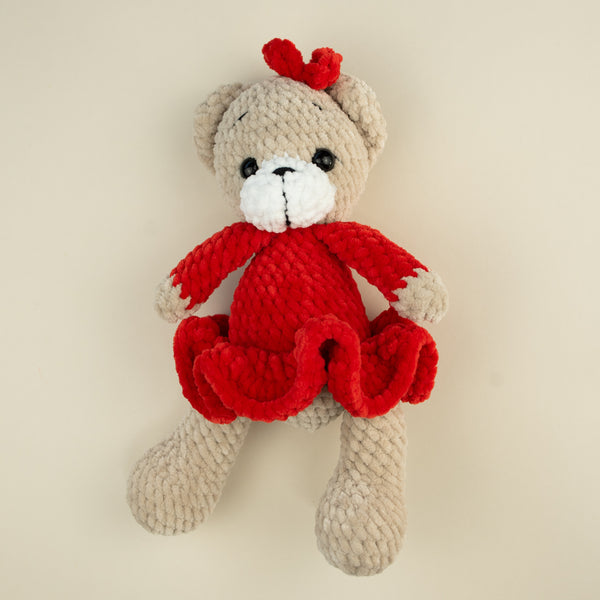 Jucarie Teddy crosetata manual din fir catifelat pentru bebelusi - Red