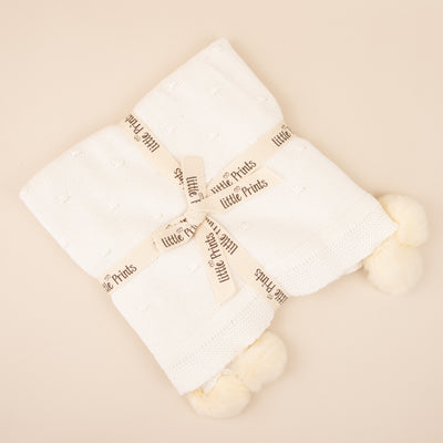 Paturica bebe din bumbac tricotata cu pom pom - Little Prints 100-80 cm - Off White