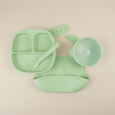 Set diversificare bebelusi din silicon (bol cu capac + farfurie cu ventuza anti-alunecare + lingurita + baveta) - Seafoam