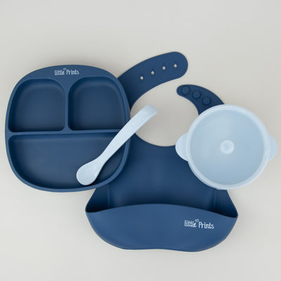 Set diversificare bebelusi din silicon (bol cu capac + farfurie cu ventuza anti-alunecare + lingurita + baveta) - Denim