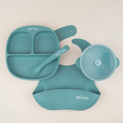 Set diversificare bebelusi din silicon (bol cu capac + farfurie cu ventuza anti-alunecare + lingurita + baveta) - Island Sea