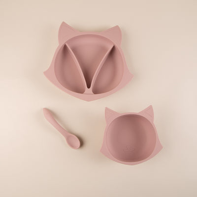 Set diversificare bebelusi din silicon (bol cu ventuza + farfurie cu ventuza anti-alunecare + lingurita) - Fox Pink Plum