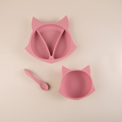 Set diversificare bebelusi din silicon (bol cu ventuza + farfurie cu ventuza anti-alunecare + lingurita) - Fox Rose