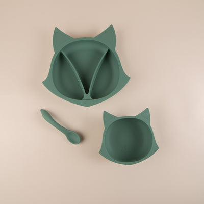 Set diversificare bebelusi din silicon (bol cu ventuza + farfurie cu ventuza anti-alunecare + lingurita) - Fox Oil Green
